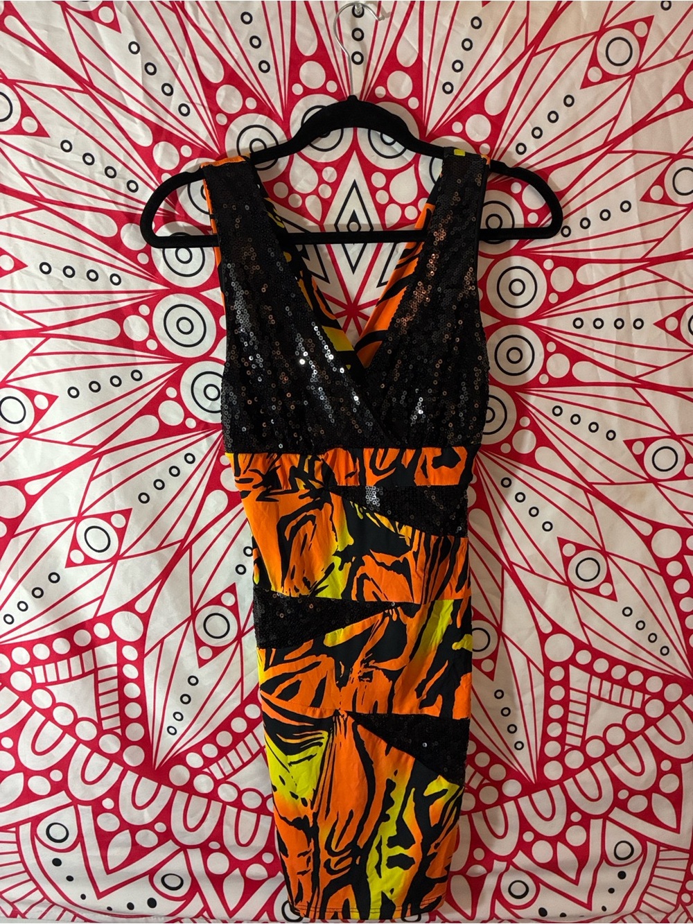 Black Sequin V-Neck Midi Dress with Orange & Neon Print